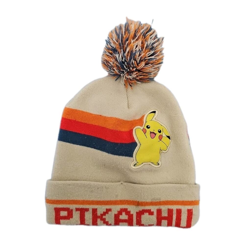Pokemon Pikachu Beanie Toque Youth One Size Beige Knit Embroidered Anime Pom